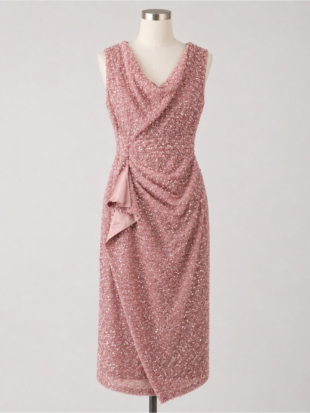 JS Collections Blush Sequin Midi Dress Faux Wrap Ruched Wedding Guest 6 NWT